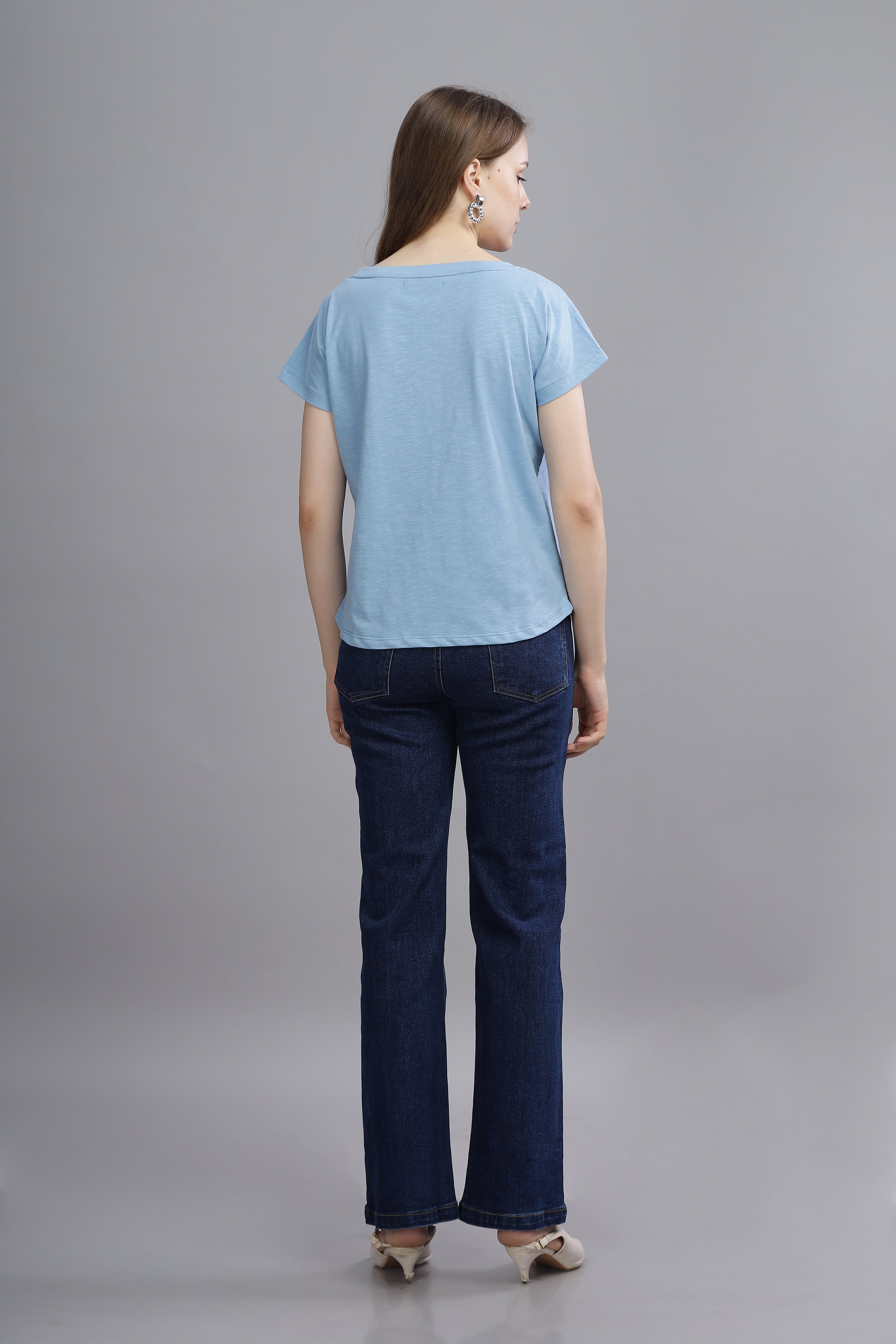 Women Blue Oval Neck Top Back