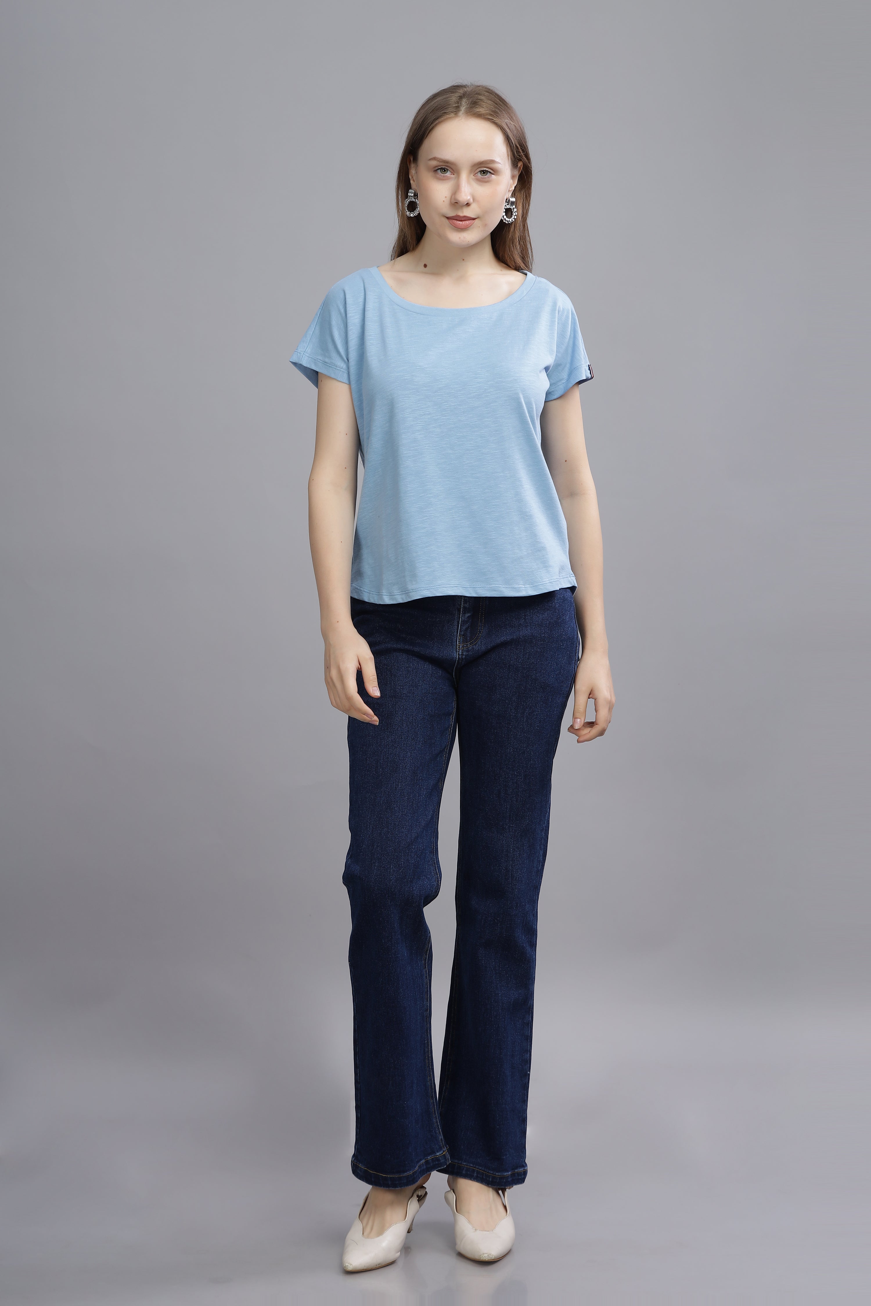 Women Blue Oval Neck Top