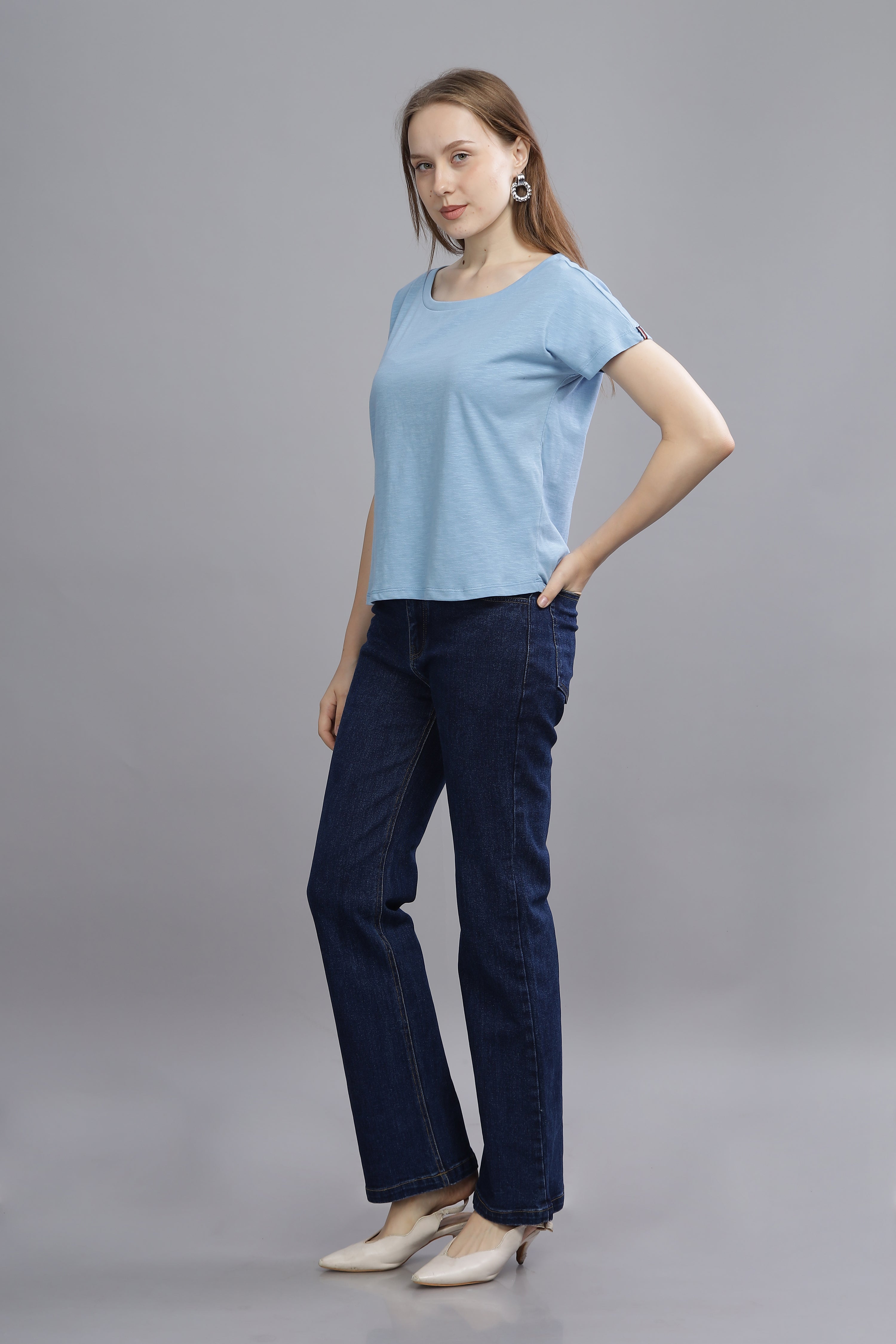 Women Blue Oval Neck Top