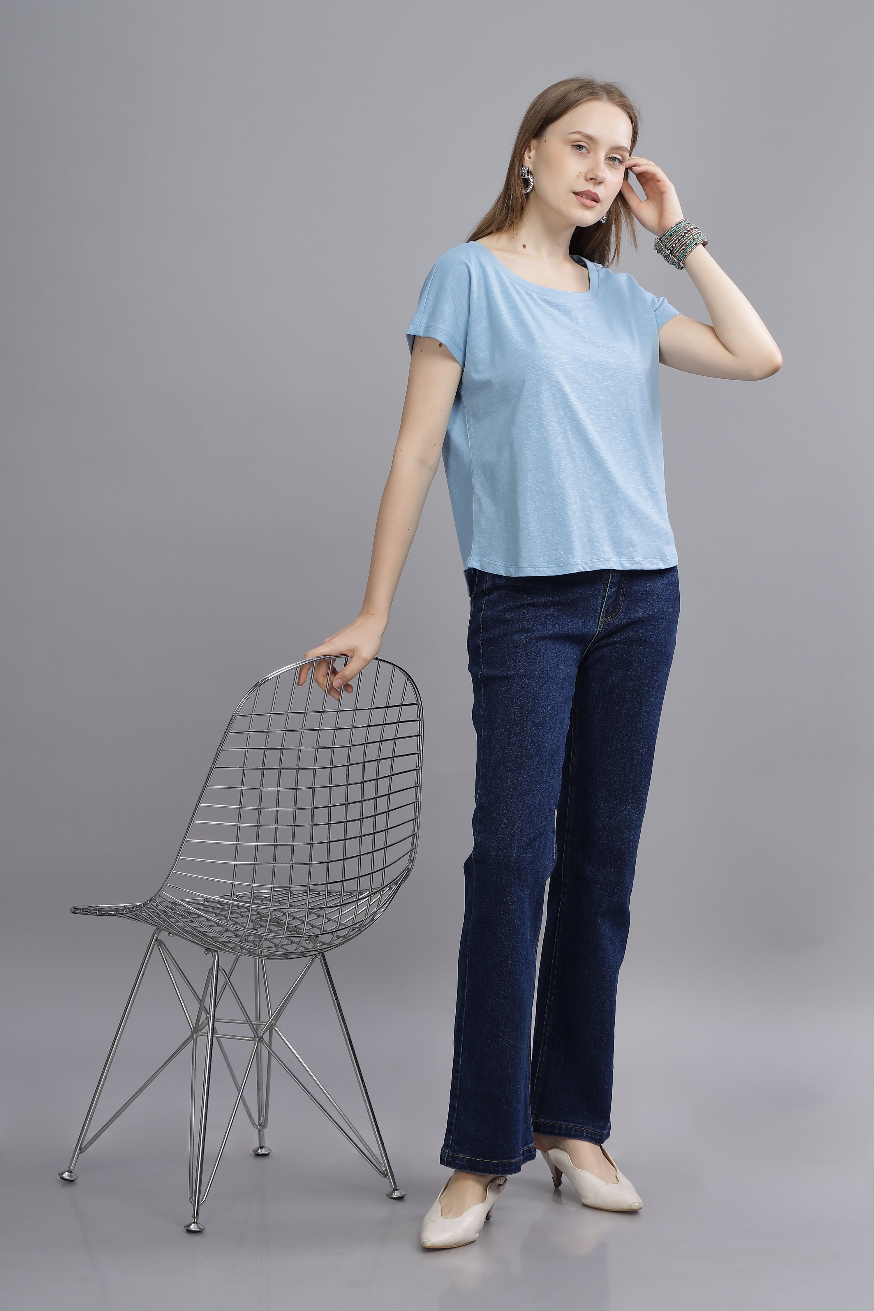 Women Blue Oval Neck Top