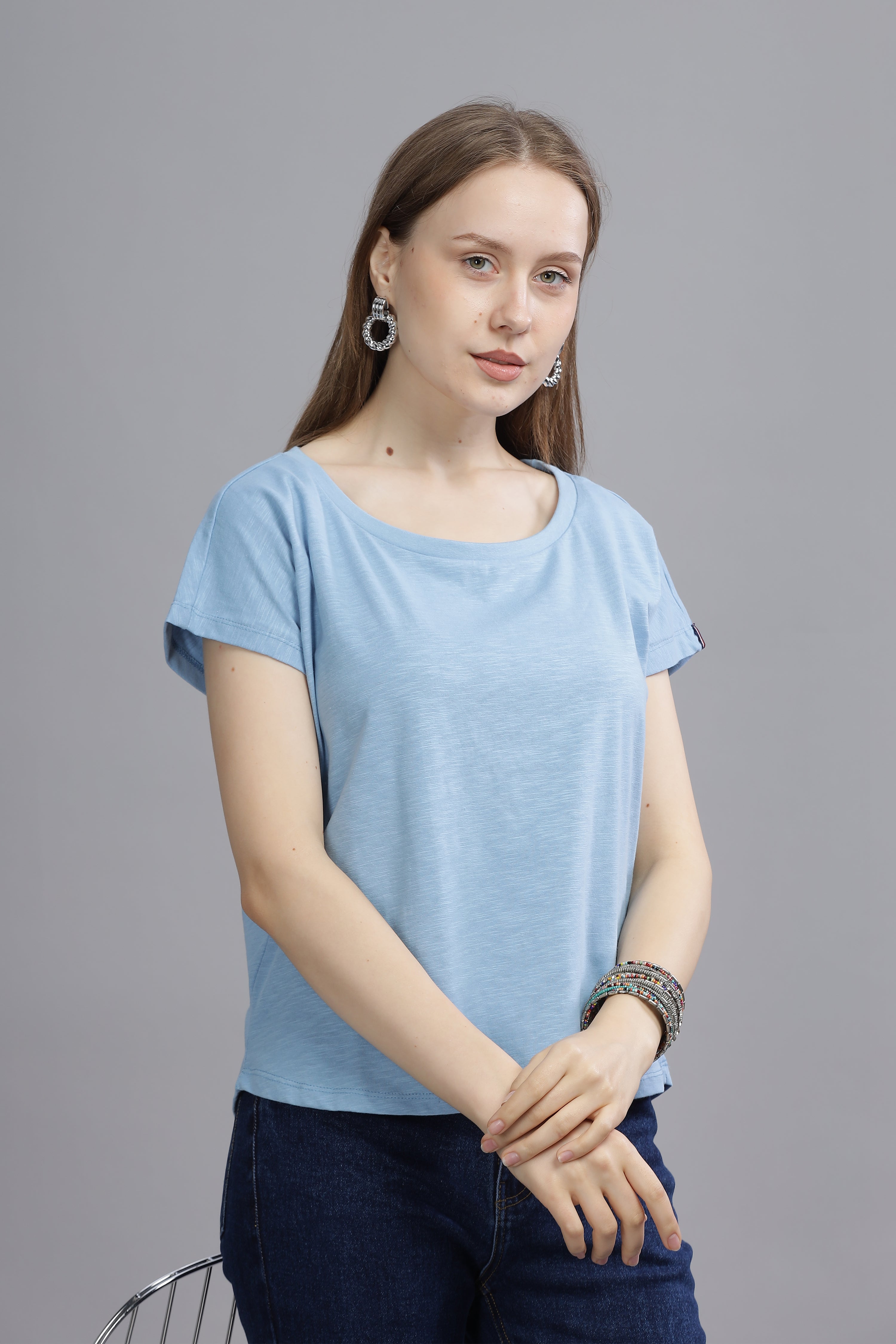 Women Blue Oval Neck Top