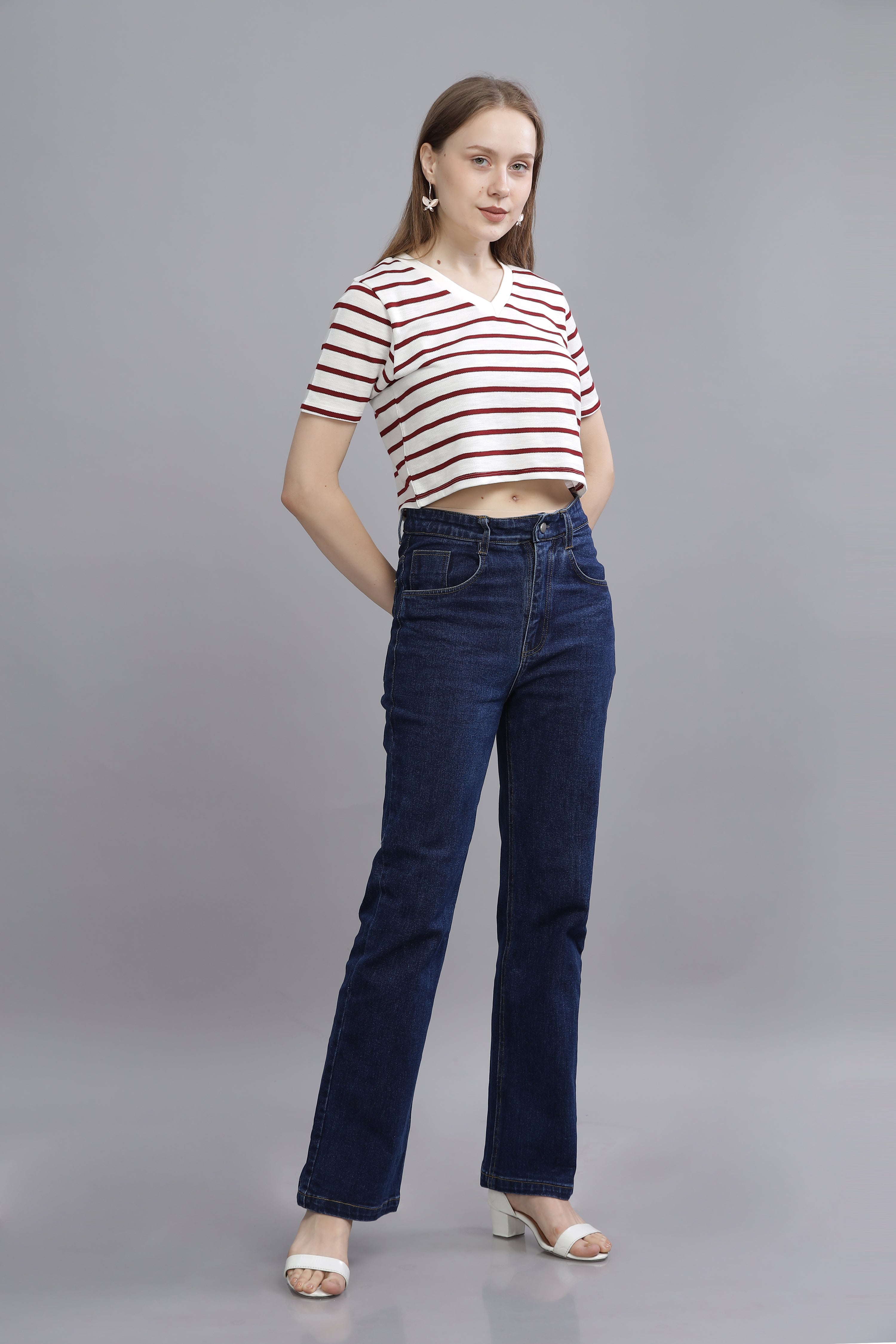 Women Knitted Striped V Neck Crop Top