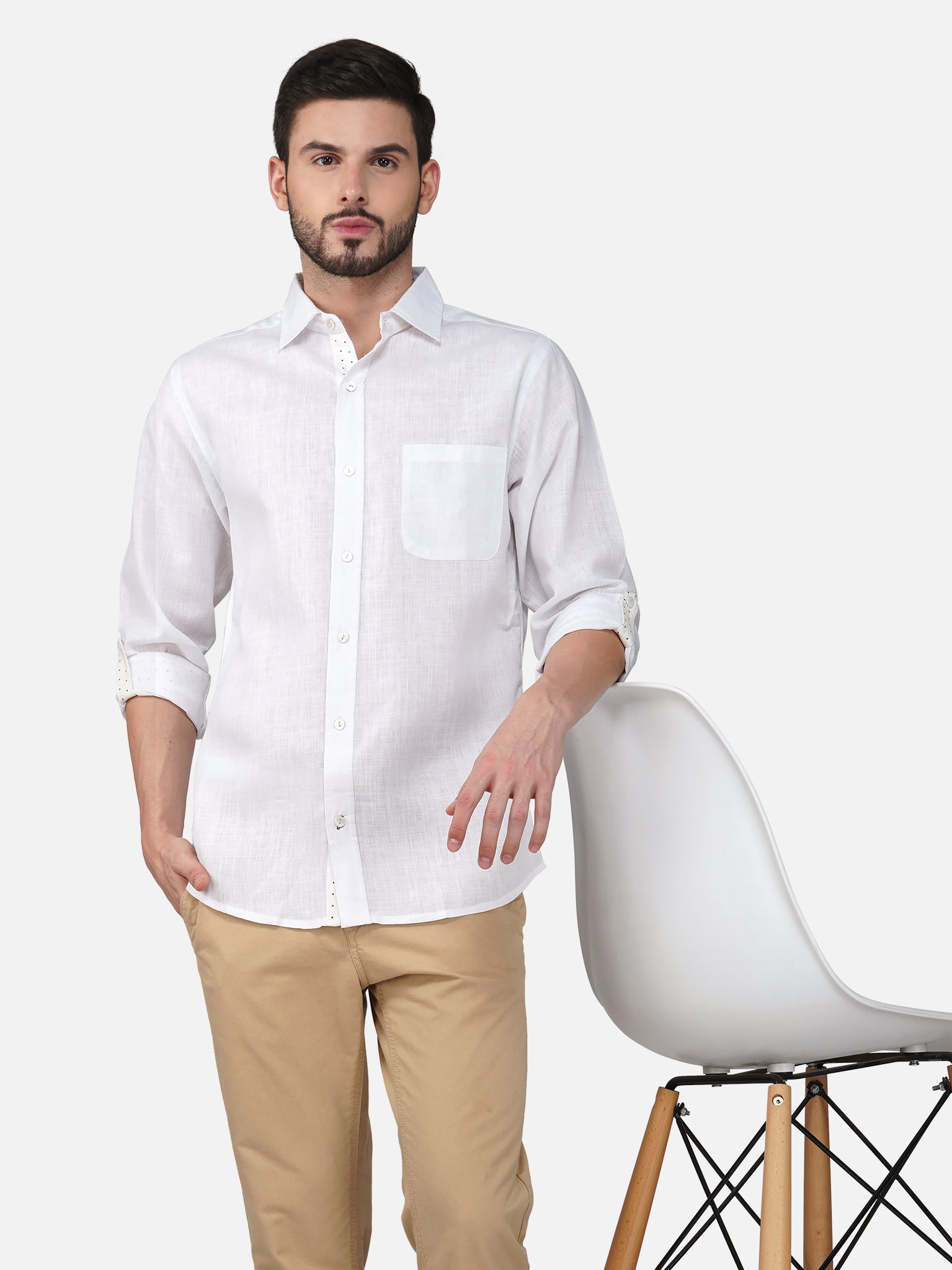 Men's Pearl White Solid Linen Casual Shirt