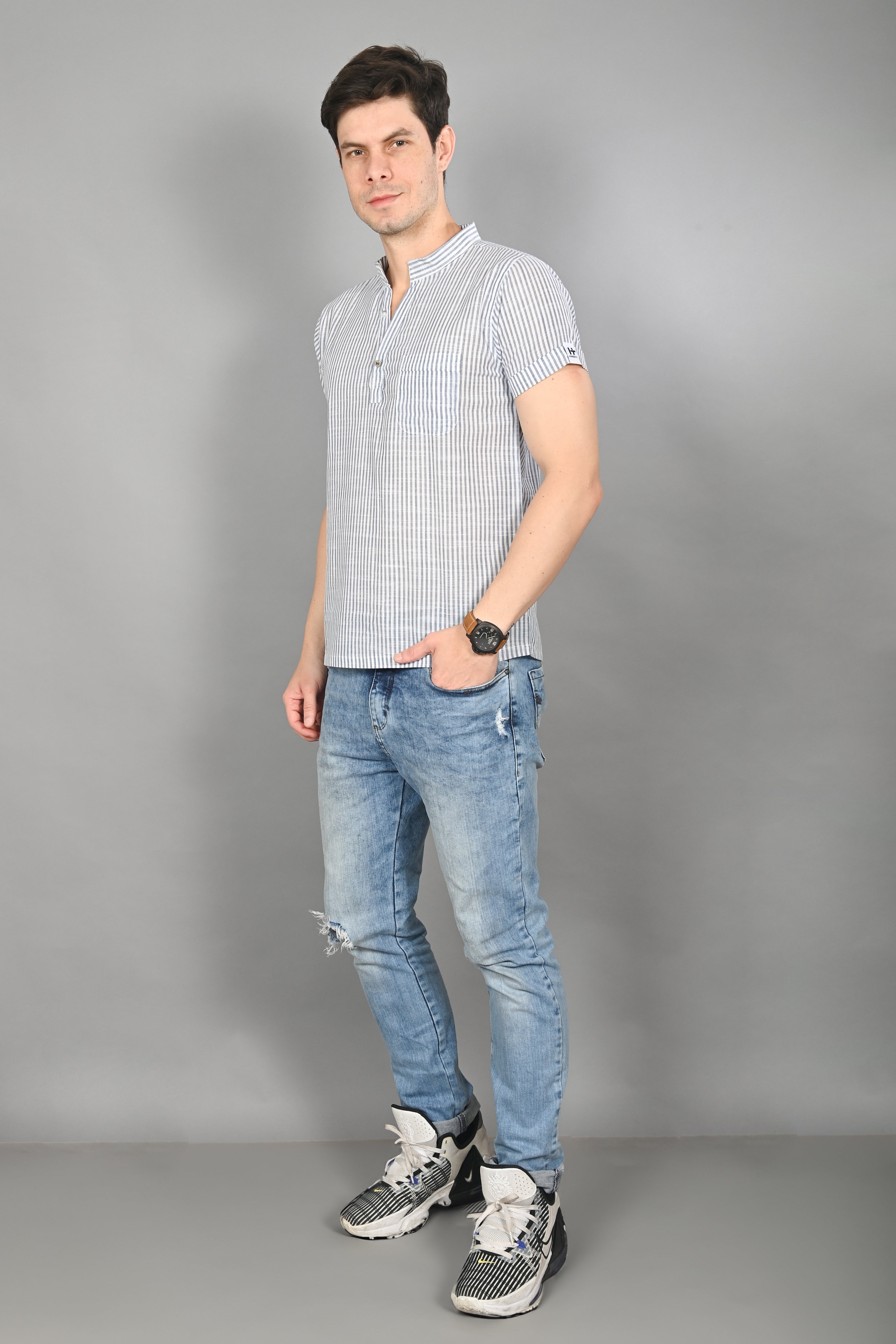 Men Casual Striped Shirt Grey