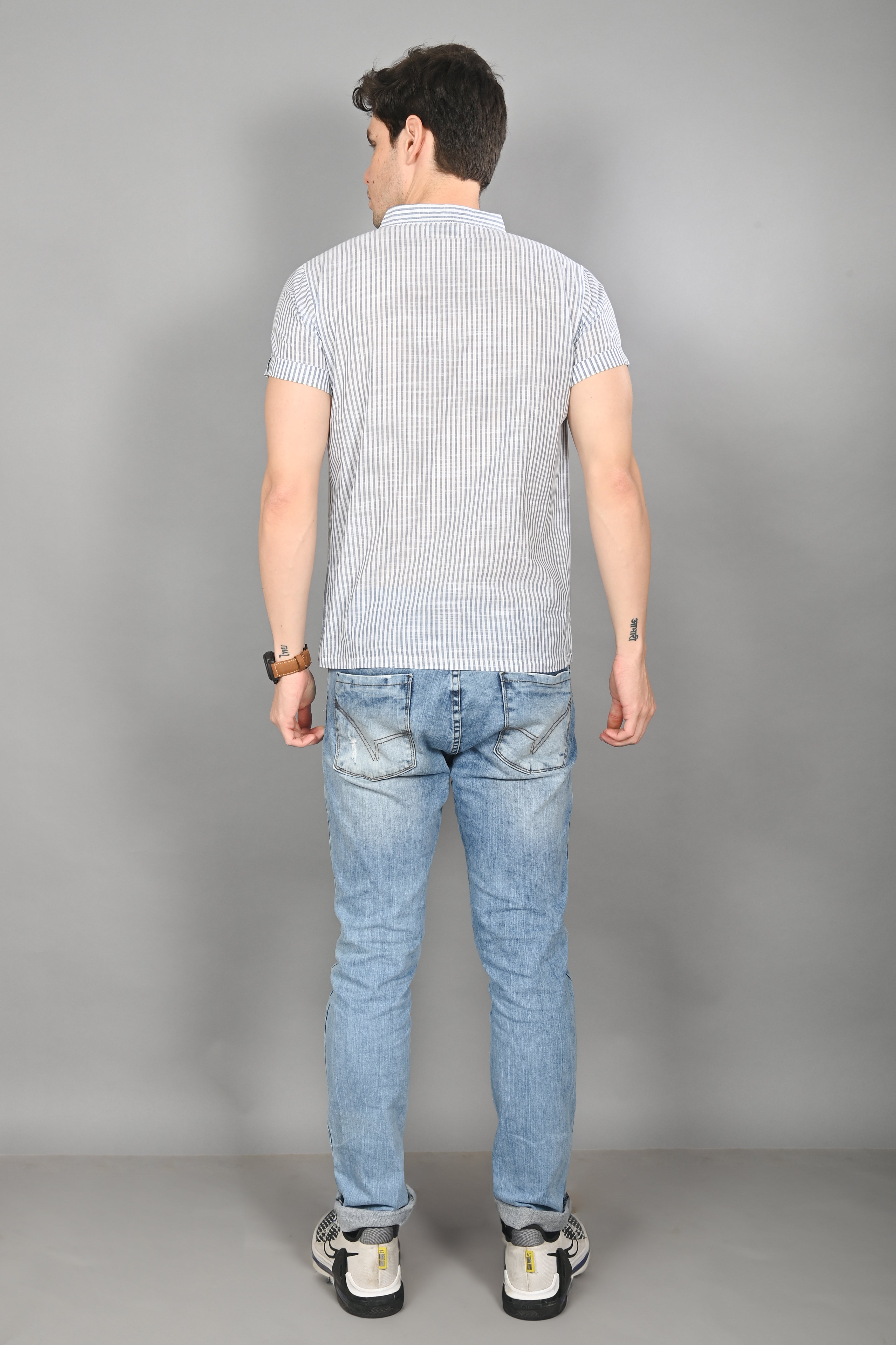 Men Casual Striped Shirt Grey Back