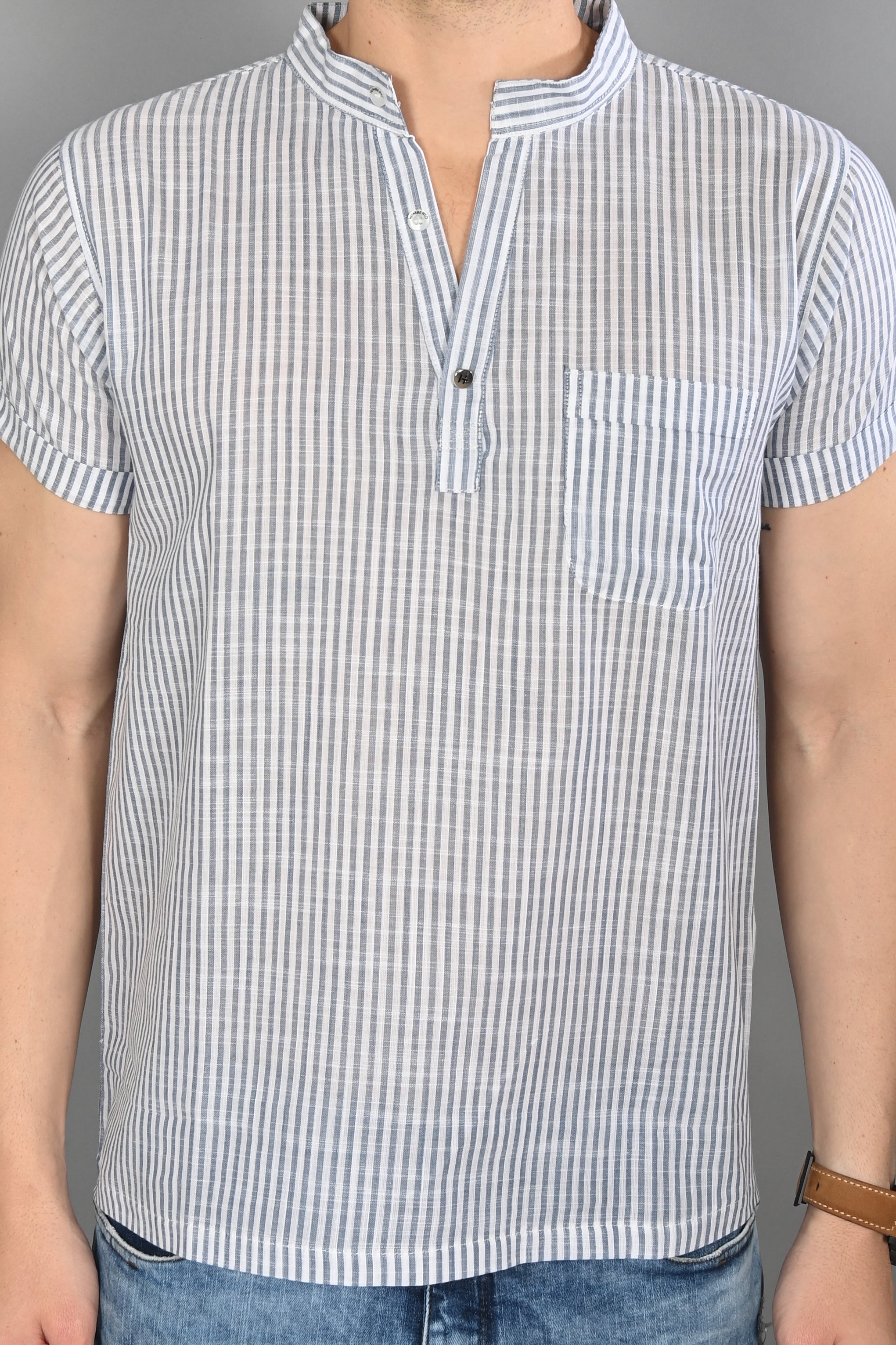 Men Casual Striped Shirt Grey Neckline